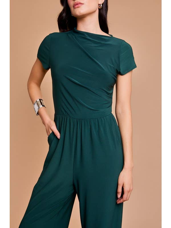Hunter Green Cowl Tunic Neck Short Slevee Jumpsuit for wholesale on Faire