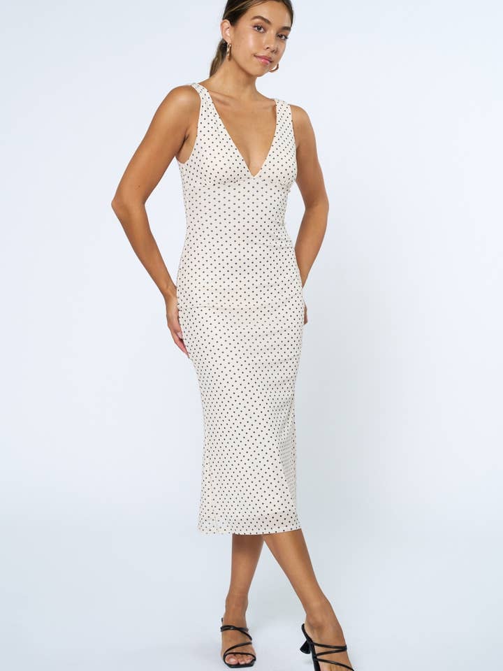 Blue Blush - Wholesale Dress - Women's - BD00725 Polka Dot V-Neck Midi Dress3