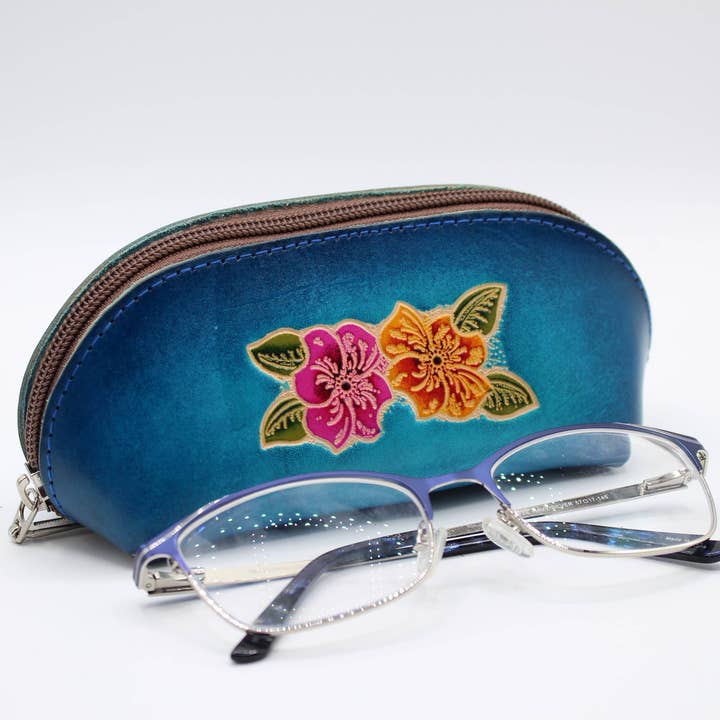 leather eyeglasses sunglasses cosmetic case hibiscus flower for wholesale by Sunflower Handmade leather inc