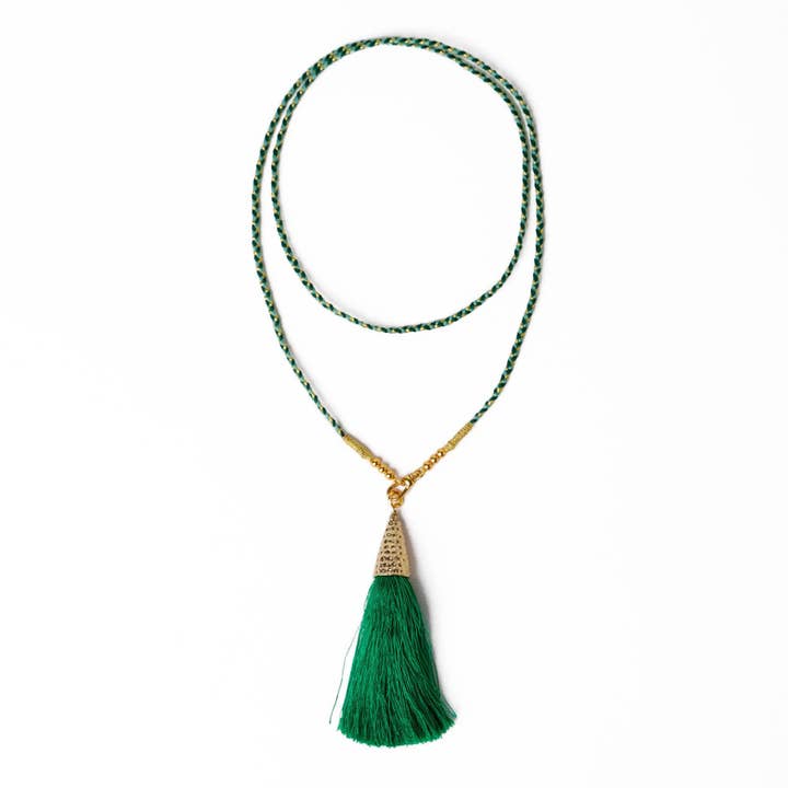 Roxanne Braided Necklace With Tassel Mint + Green Wholesale for wholesale by INK + ALLOY