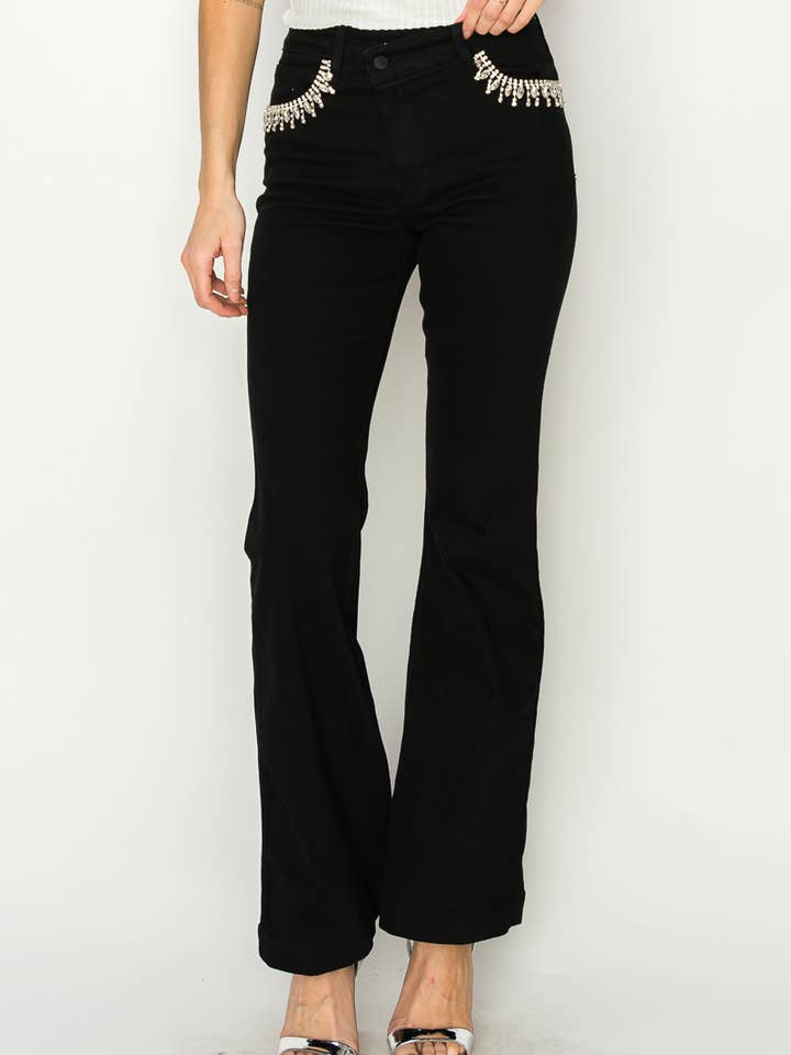 HIGH RISE CROSS OVER EMBELLISHED BLACK FLARE JEANS for wholesale on Faire0