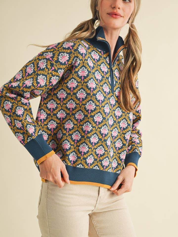 &MERCI - Wholesale Knit Sweater - Women's - FLORAL MOCK NECK HALF ZIP PULLOVER MSW1082938