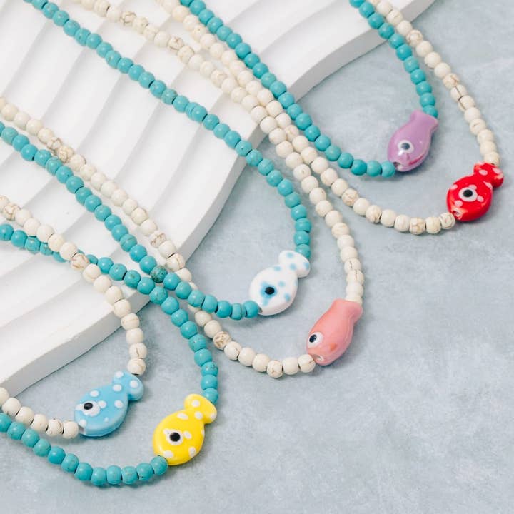 Ceramic Fish Pendant Ball Beaded Necklace for wholesale by The Looks by Fame Accessories