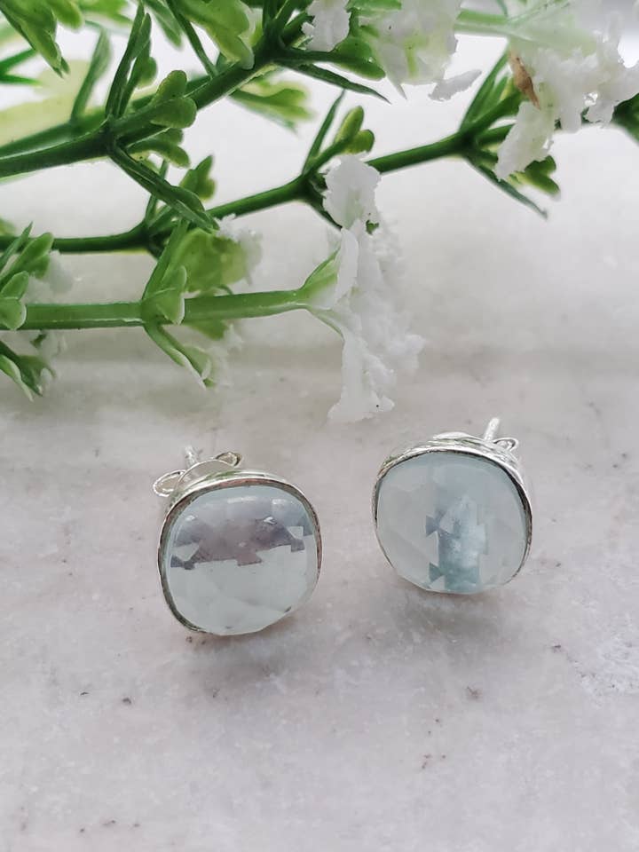 Sterling Silver Cushion Studs - Sea Foam Chalcedony for wholesale by Sosie Designs