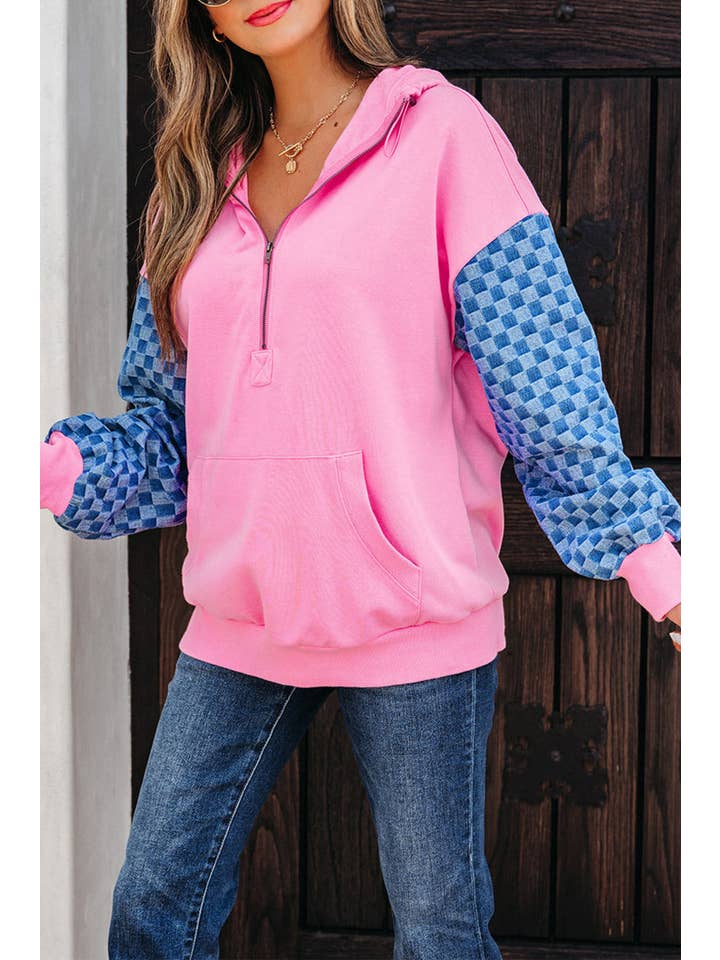 Bonbon Checker Patchwork Kangaroo Pocket Half-Zip Hoodie for wholesale on Faire2