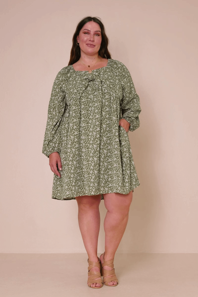 Olive Womens Ditsy Floral Tie Front Smocked Back Dress for wholesale on Faire8