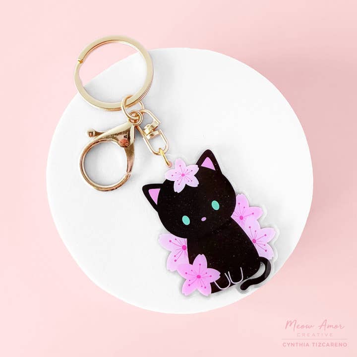Cherry Blossom Black Cat Glitter Acrylic Charm for wholesale by Meow Amor Creative