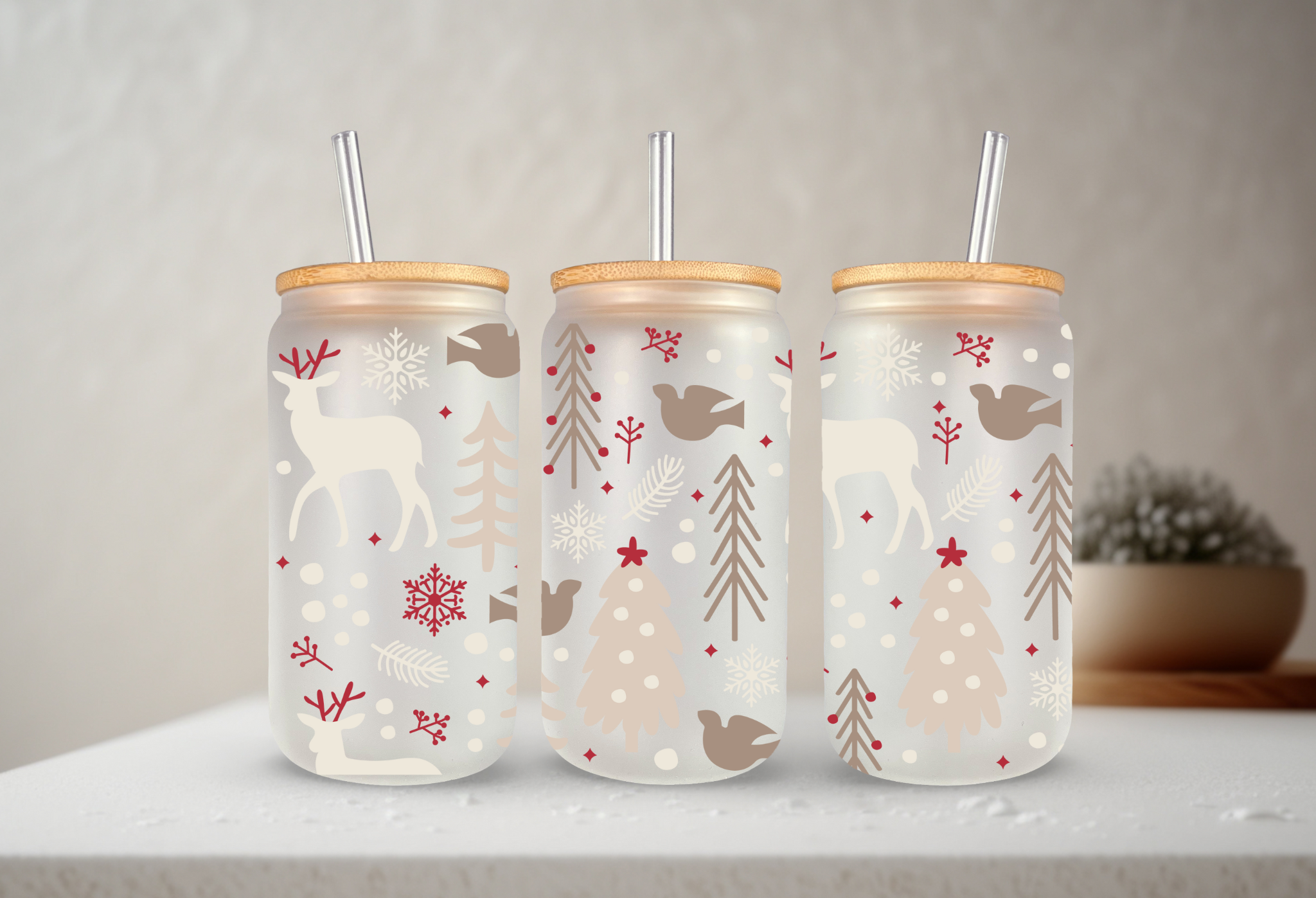 SKS Design Studio - Wholesale Drinking Glass/Cup - Winter Magic | UVDTF | 20 oz Libbey Can Glass with Bamboo Lid & Straw0