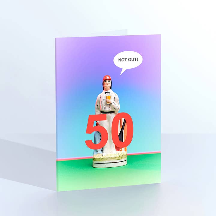 50th Birthday Not Out cricketer with a beer card for wholesale by Ornament Art