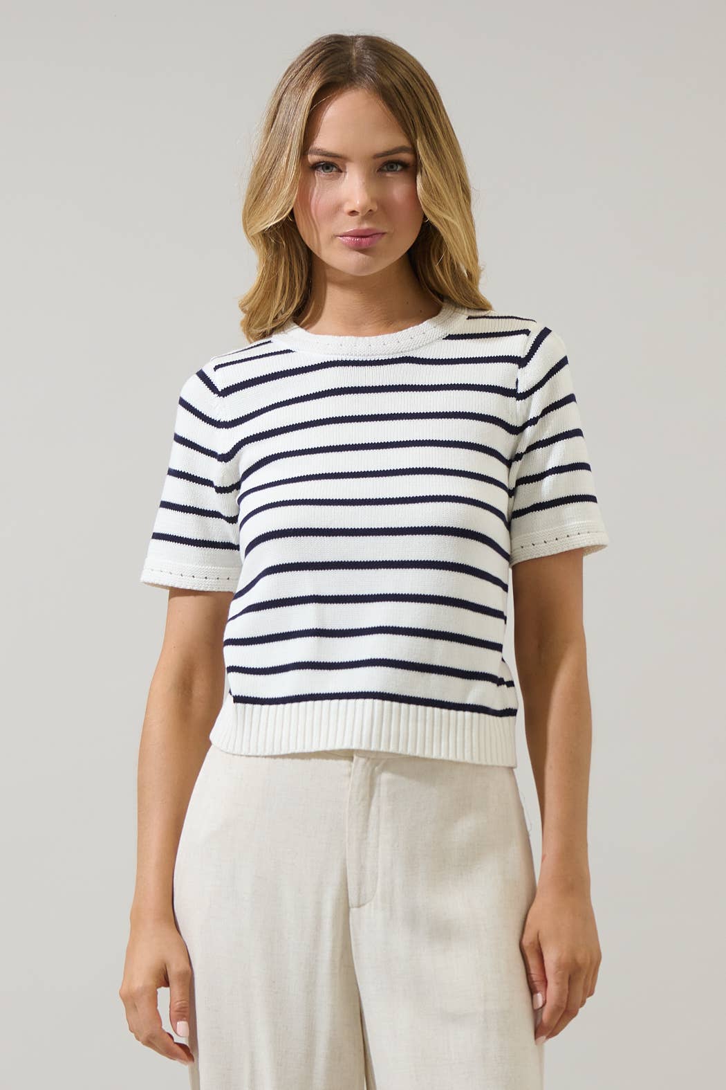 White Navy Tessie Stripe Short Sleeve Sweater Top for wholesale on Faire0