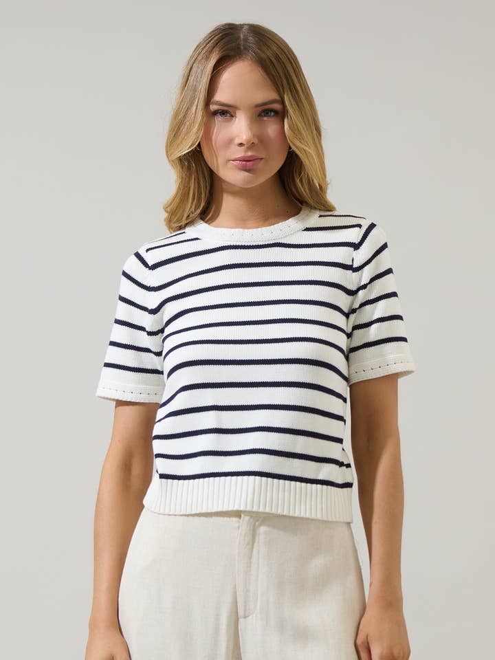 White Navy Tessie Stripe Short Sleeve Sweater Top for wholesale on Faire0