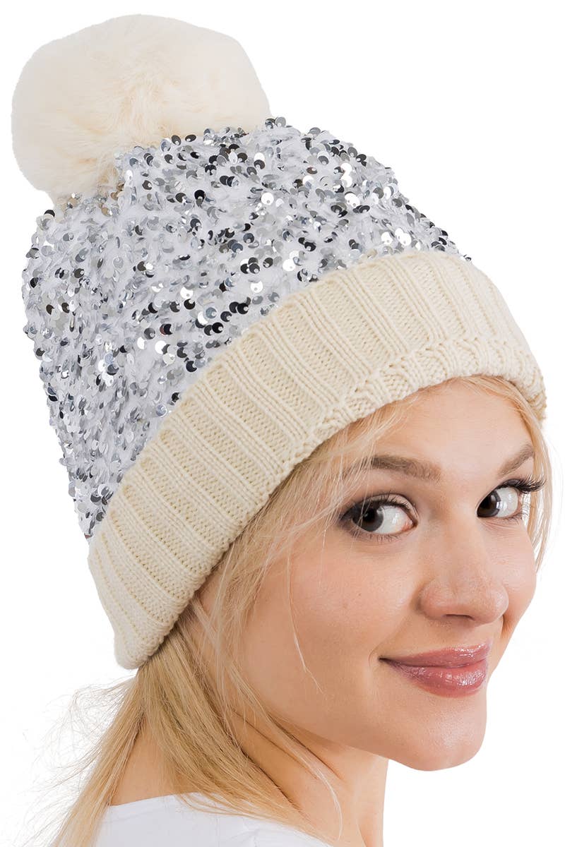 Cap Zone - Vente Bonnet – femme - Bonnet à pompon en tricot à paillettes métalliques Beazzled15