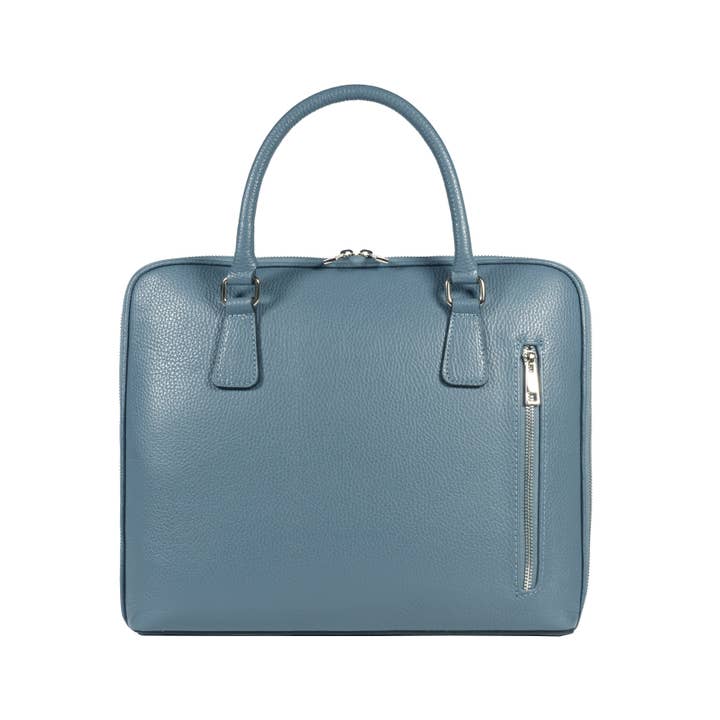 Kaili mood / RENATO BORZATTA - Italy since 1978 - - Wholesale Briefcase - Unisex - RB1019P | Unisex Business Briefcase in Genuine Leather Made in Italy with removable shoulder strap. Shiny Nickel metal carabiner attachments - Avio color - Dimensions: 37 x 29 x 6.5 cm2
