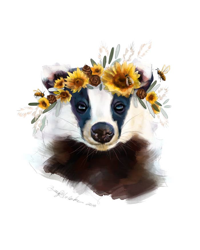 Whimsical Art by Darcy Goedecke - Wholesale Art Print - Sunflower Badger | Print0