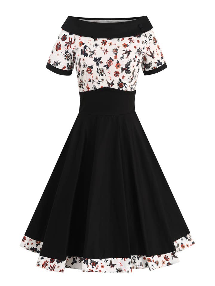 Dolly & Dotty – Großhandel Kleid – Damen – Darlene Swingkleid mit Rockabilly-Tattoo-Print, schwarz