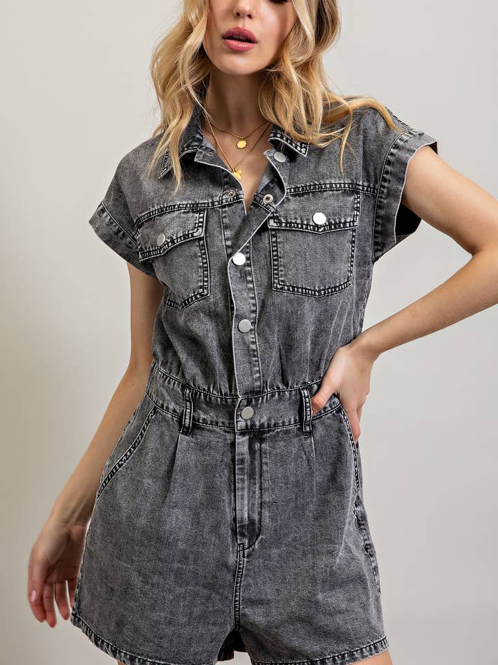 DENIM COLLARED BUTTON DOWN ROMPER for wholesale by Pink Irene Wholesale