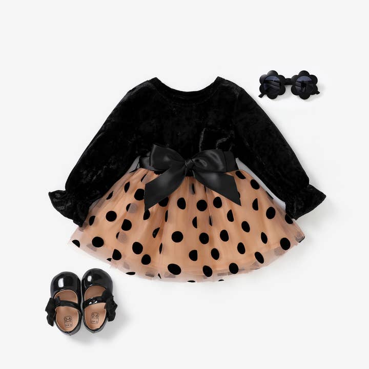 Khaki 2pcs Baby Girl Polka Dot Velvet material Dress With Belt for wholesale on Faire