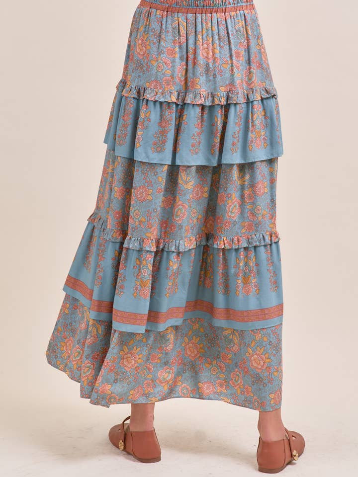 &MERCI - Wholesale Skirt - Women's - RUFFLE TIERED BORDER PRINT MIDI SKIRT MSK416615