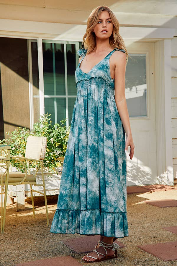 GREEN D3030 Tie-dye Print Ruffled Woven Long Dress for wholesale on Faire3