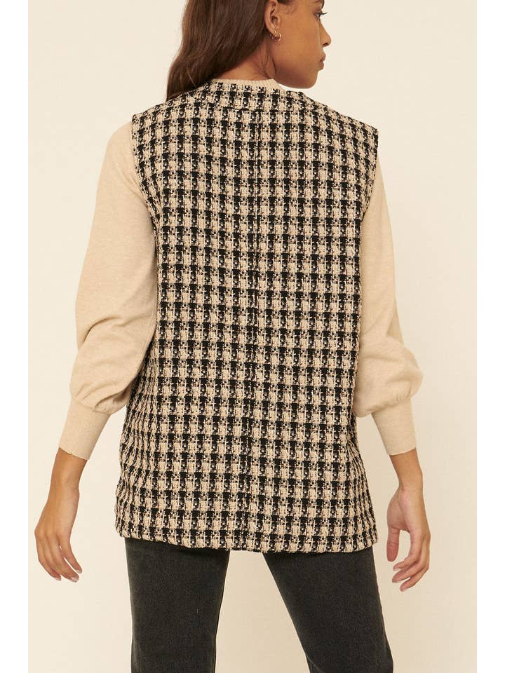 SAND BLACK Tweed Plaid V Neck Button Front Pocket Vest for wholesale on Faire