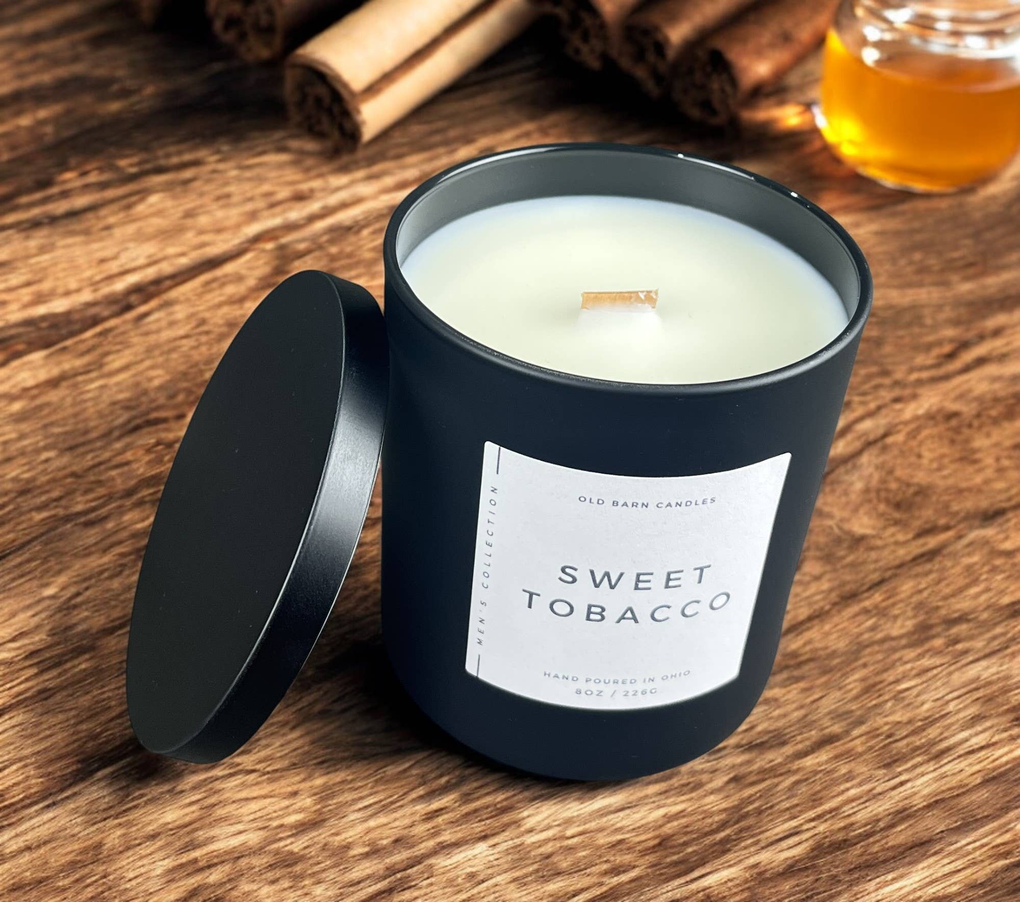 Sweet Tobacco Matte Black Soy Jar Candle Wood Wick Masculine for wholesale by Old Barn Candles