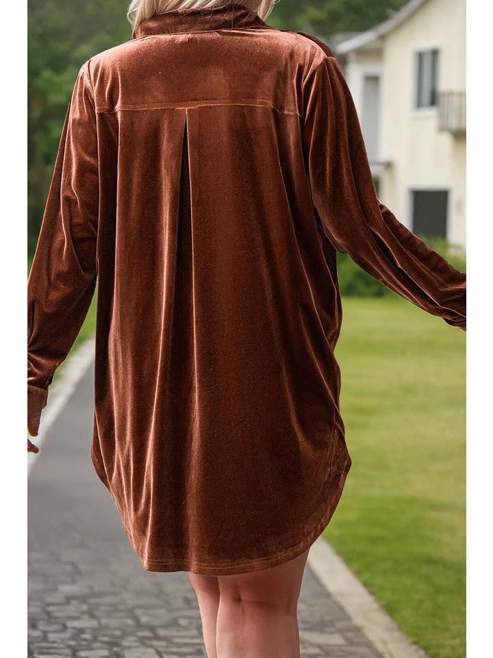 Brown Plus Size V Neck Collared Pleated Back Velvet Dress for wholesale on Faire