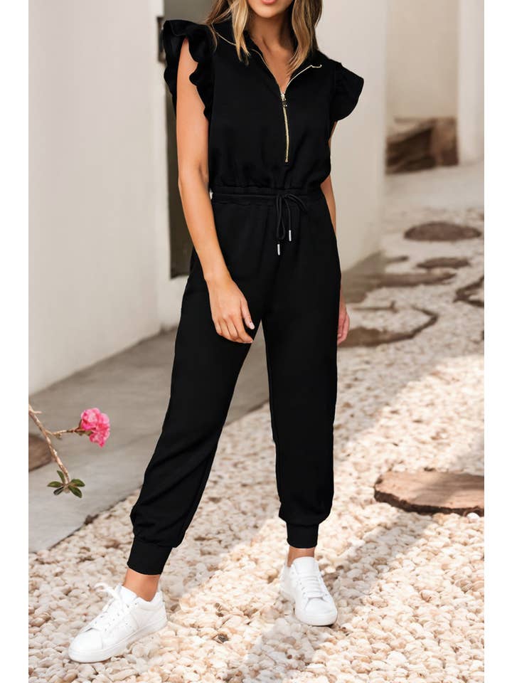 Black LDC Zipper Flutter Sleeve Drawstring High Waist Jumpsuit for wholesale on Faire