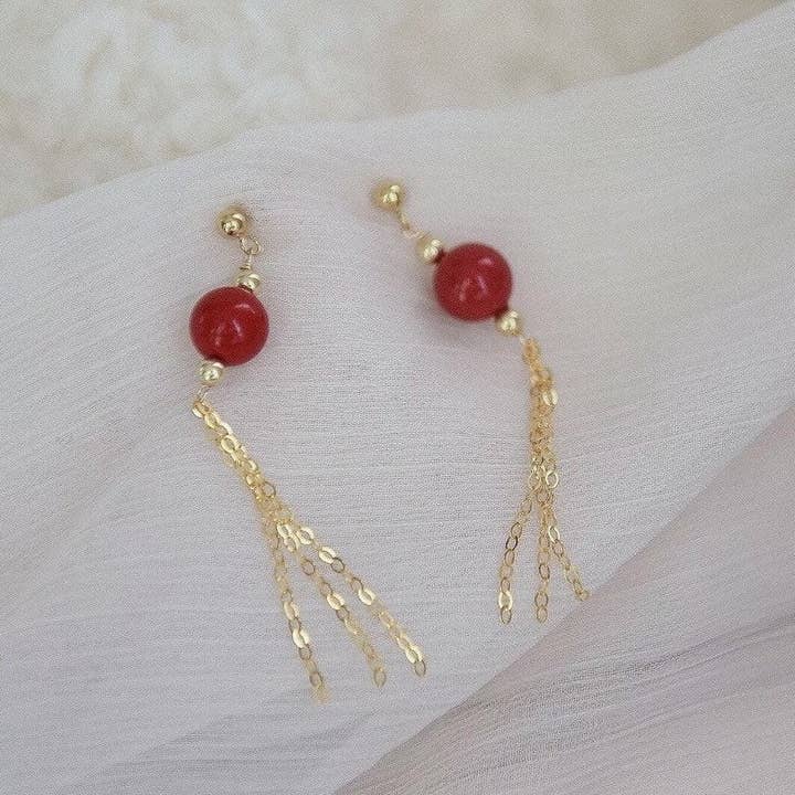 Haengseongworkshop - Wholesale Dangle Earrings - Chinese Style Gold/Silver Lantern Lunar New Year Elegant 8mm Red Jade Earrings 7cm