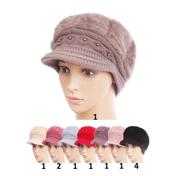 Women's Fur Visor Pearl Decor Knitted Hat H15-29 (12PC) for wholesale by TAPA fashion