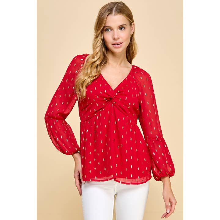 RED GOLD FOIL DOT CHIFFON LONG SLEEVE TWIST BODICE TOP T8262110F for wholesale on Faire