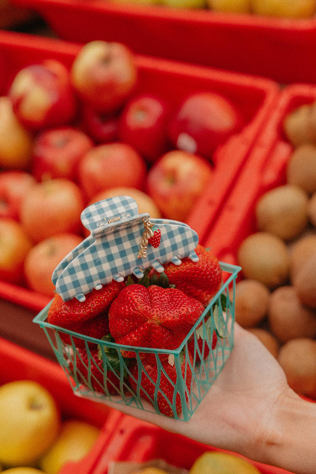 KAXI - Wholesale Hair Clip - Women's - BLUE GINGHAM STRAWBERRY CHARM CLAW6