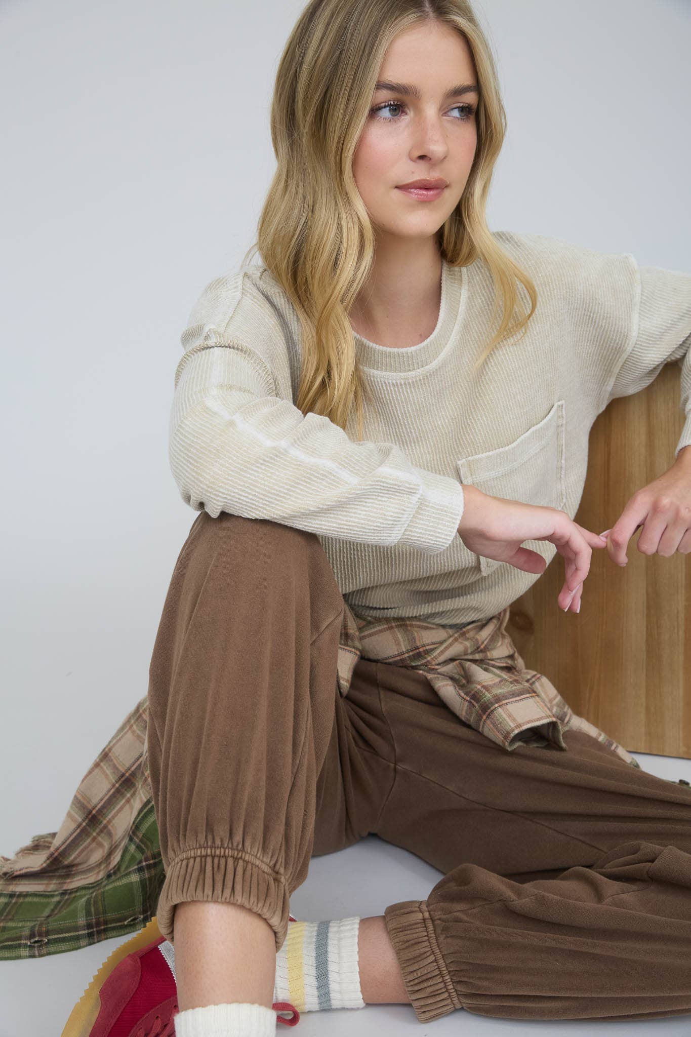 J.O.A - Vente Haut en maille – femme - Haut en maille côtelée à manches longues avec détail de poche délavée11