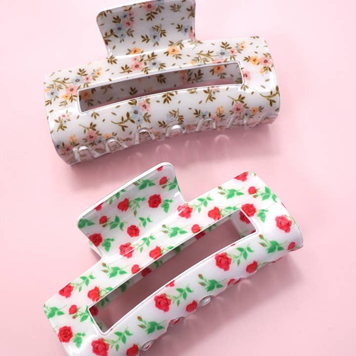 JOSSLYN by wall to wall - Wholesale Hair Clip - Women's - JUMBO DITSY ROSE RECTANGLE HAIR CLAW CLIPS | 40H898