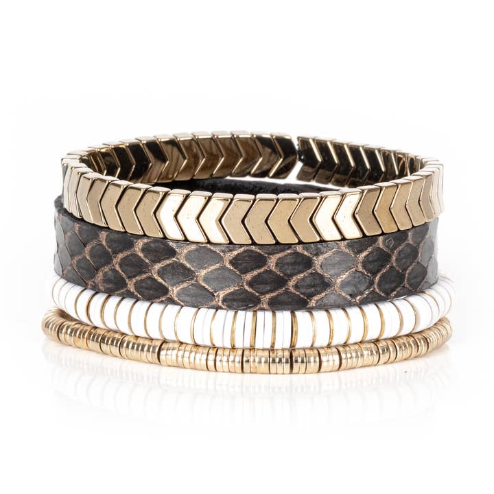 Python Leather Bracelet Stack with Gold Chevron Cuff & White for wholesale by The Dark