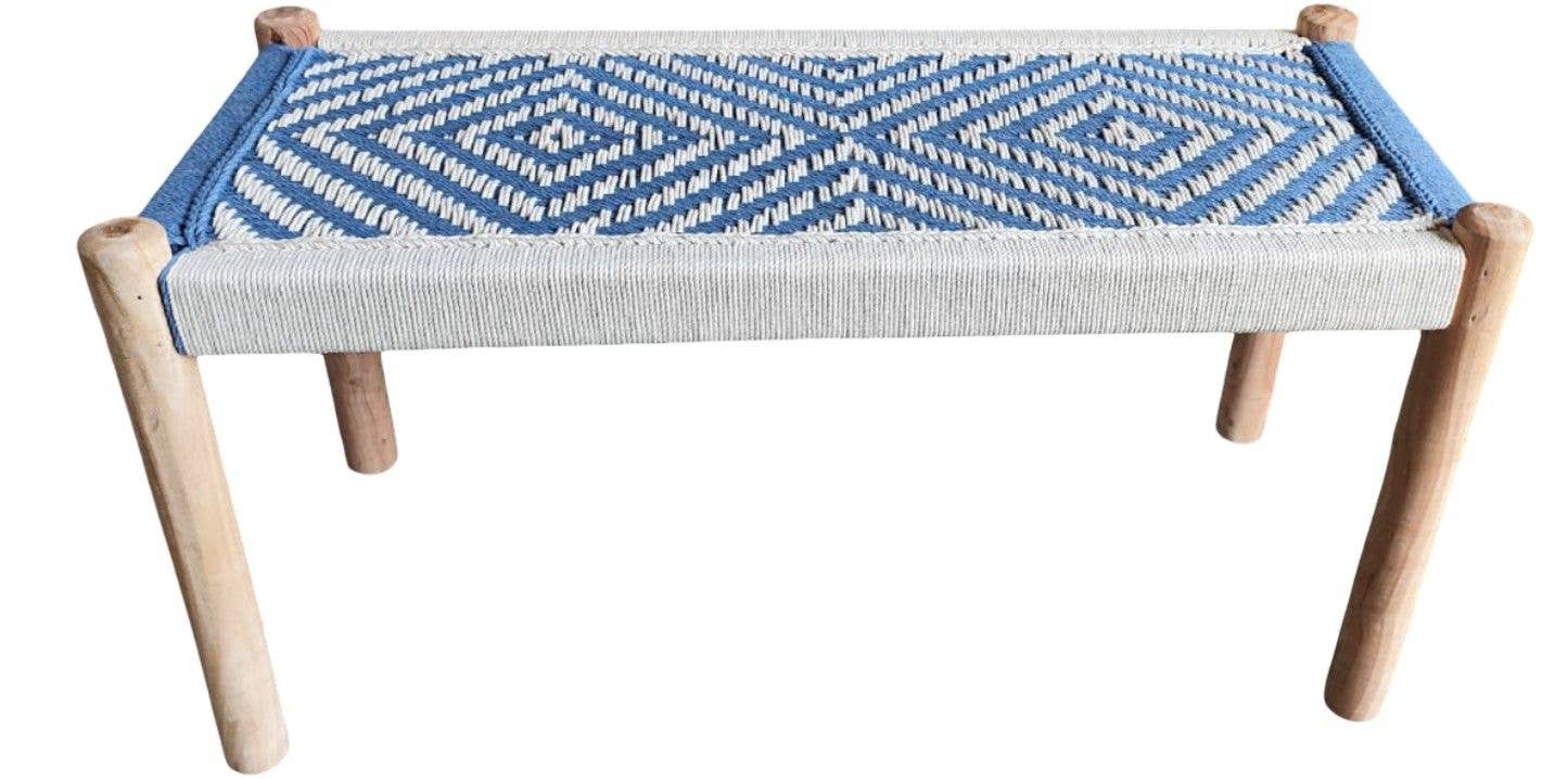 Status Collections - Wholesale Bench - Blue /White Chindi Bench 90 (W)x 40 (D) x 46 (H) cm
