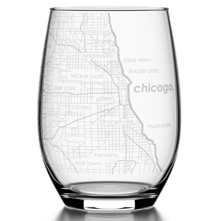 Chicago, IL City Map - 15 oz Stemless Wine Glass for wholesale by Well Told