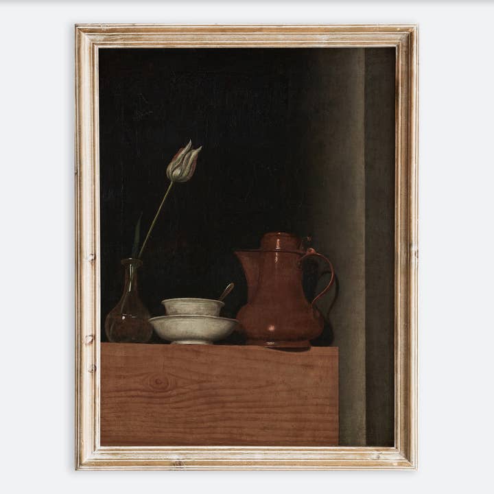 Art mural vintage nature morte avec tulipe et cruche VP519 pour la vente par Sugar & Canvas