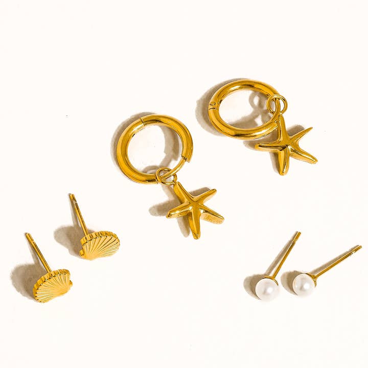 Ouro amarelo Brinco Cécile 18K Ouro Não Desbotável Estrela, Concha, Pérola para venda a revendedores na Faire0