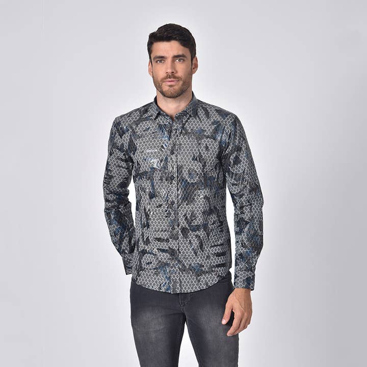 Chemise en jacquard imprimé serpent avec bordure marine pour la vente par EIGHT X