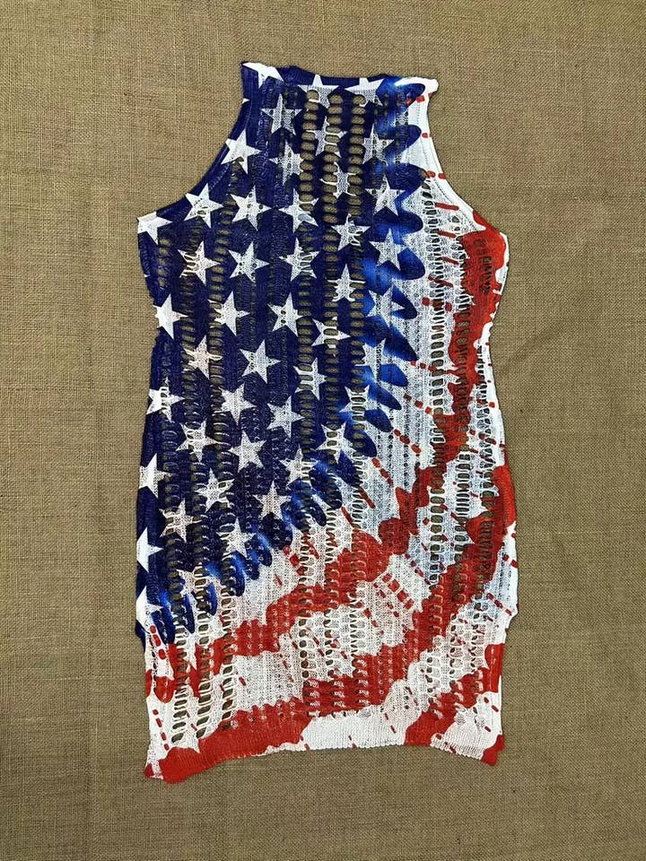 Lucky Avocado - Wholesale Swim Cover Up - Women's - USA Flag Print Hollow Out Sleeveless Swimsuit Cover Up1