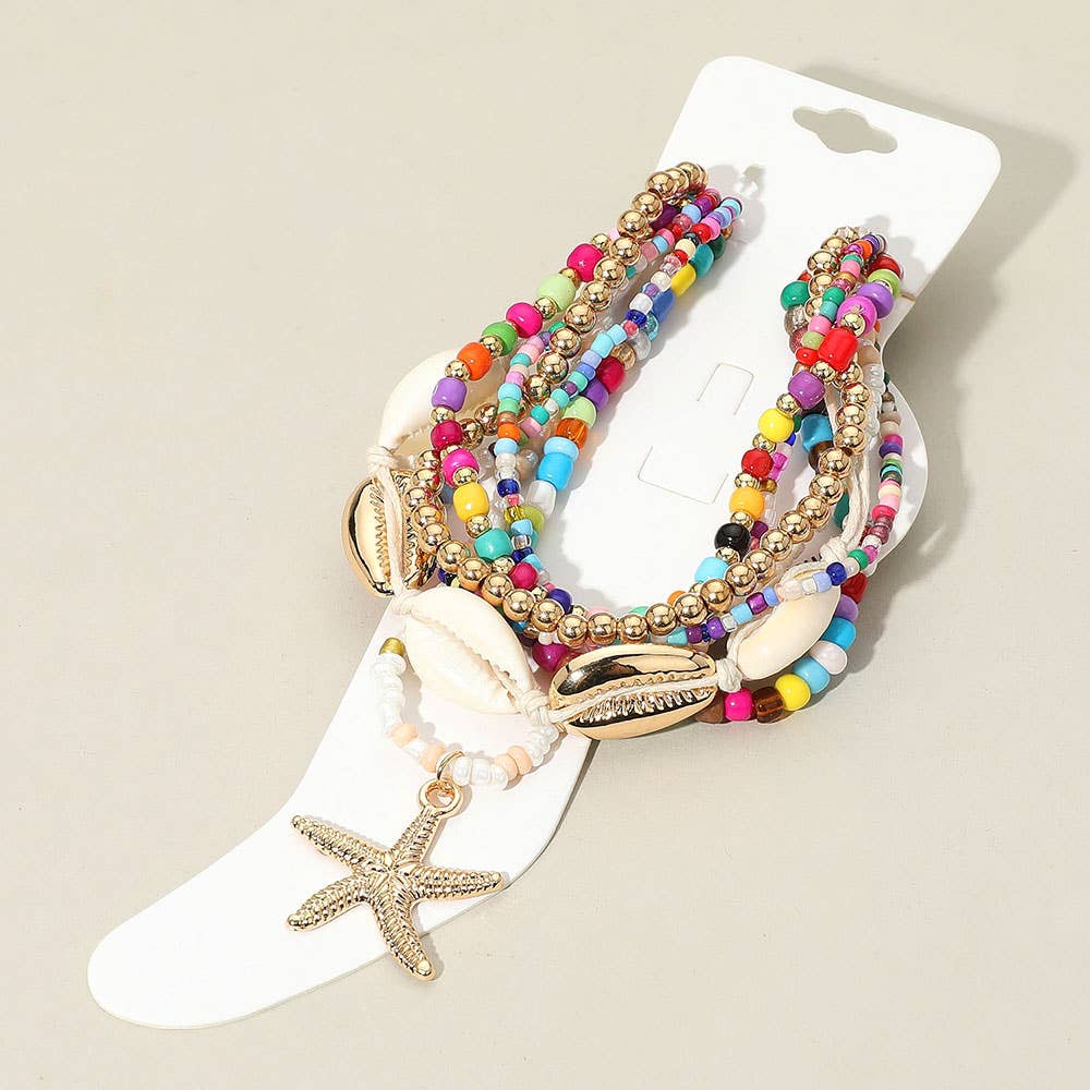 Sensibling Corp. - Wholesale Jewelry Set - 6PCS - Starfish Charm Accented Conch Shell Seed Beaded Multi Layered Anklets1