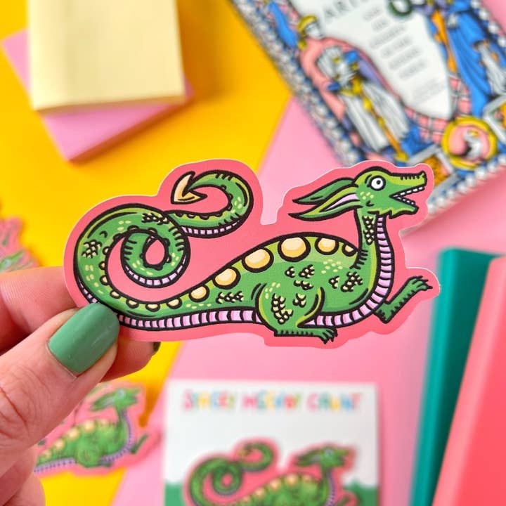 Green Dragon Medieval Marginalia Vinyl Sticker for wholesale by Stacey McEvoy Caunt