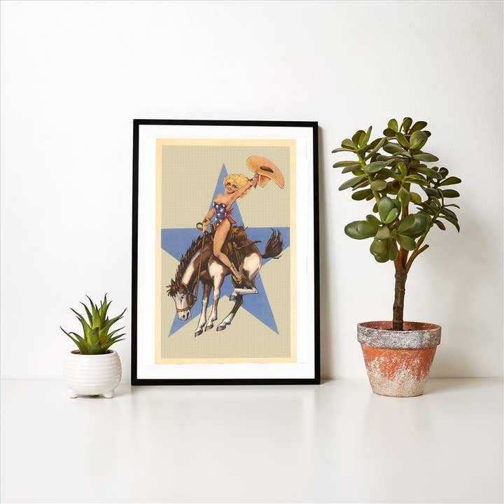 Found Image Press – wholesale Art print – Art Print CG-50 Woman in Star Bathing Suit on Bucking Bronco