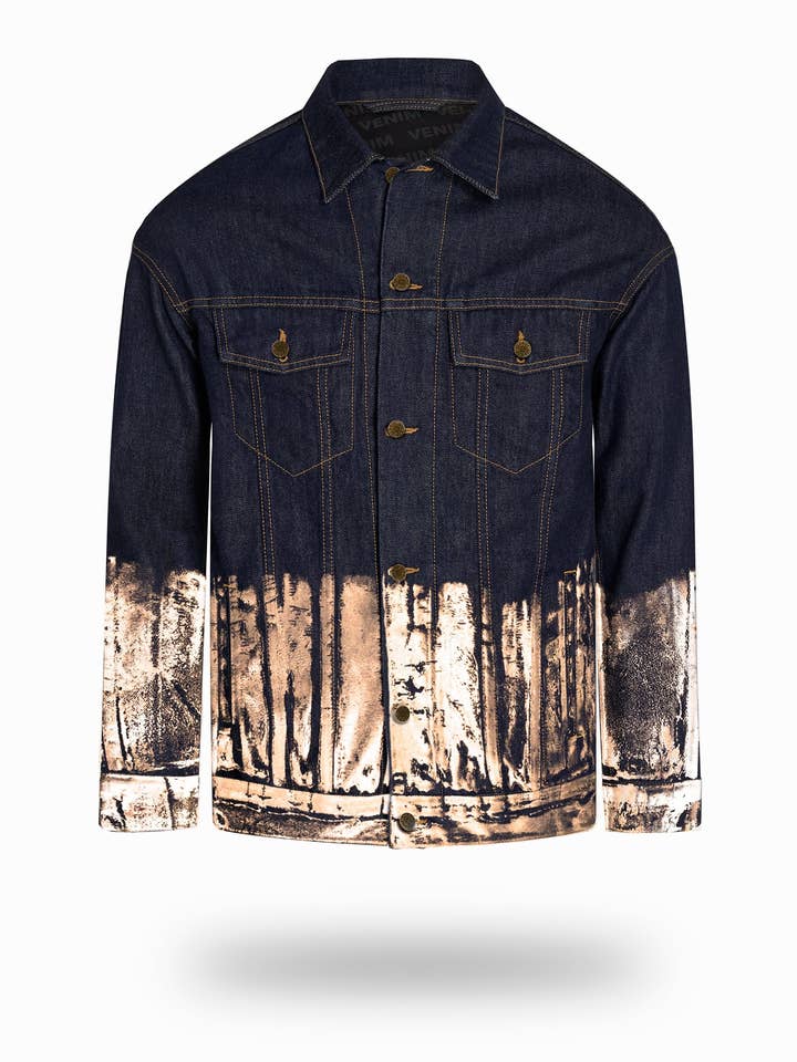Jaqueta jeans índigo mais longa com folha de ouro rosa por atacado de VENIM
