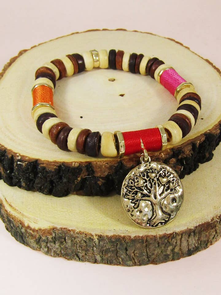 Tree Of Life Natural Wood Beads Stretchable Bracelet for wholesale by TheTizana