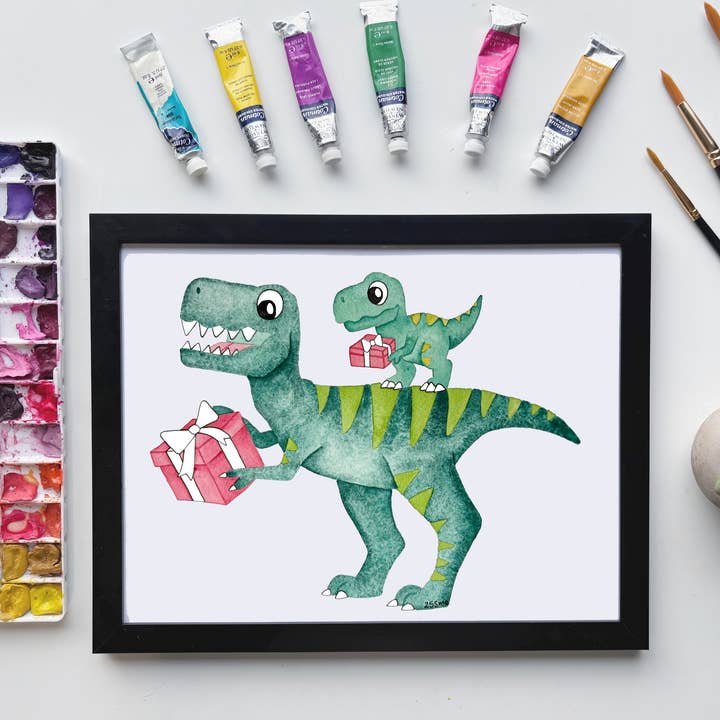 T-Rex Christmas Gifts Print – Festive Dinosaur Art for wholesale by Owlfeathers Watercolor