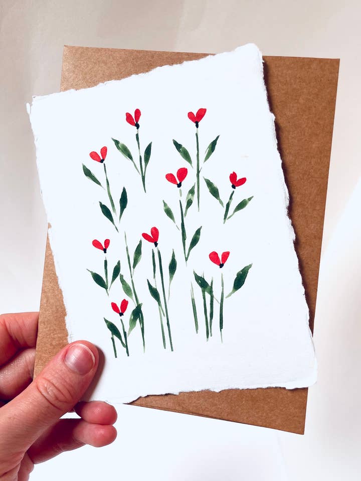 Håndlavet bomuldskort, røde blomsterprint, miljøvenlige kort for engroshandel hos Atelier By Cat