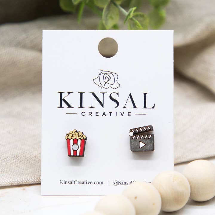 Popcorn and Movie Wood Stud Earrings for wholesale by Kinsal Creative