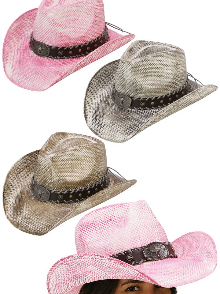 Cross Stitch Longhorn Belt Spray Dye Cowboy Hat for wholesale by Cap Zone