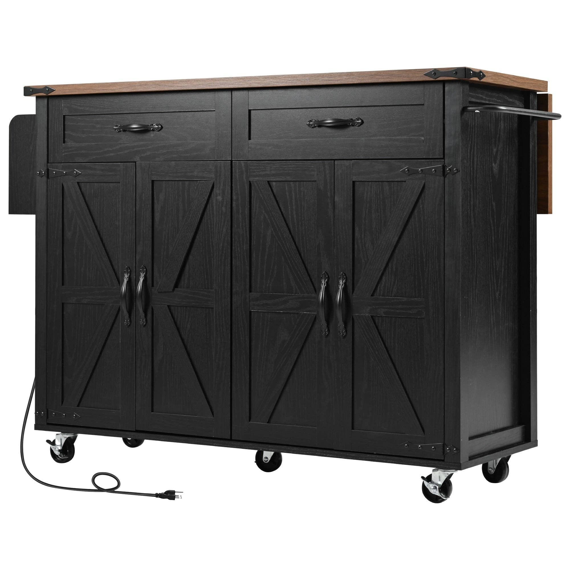 Orange County Decor - Wholesale Kitchen Storage/Organizer - K&K 53.5''Farmhouse Kitchen Island With Power Outlet, Kitchen Storage Island With Drop Leaf, Spice Rack And Drawer, Rolling Kitchen Cart On Wheels, For Home, Kitchen And Dining Room, Black Black22